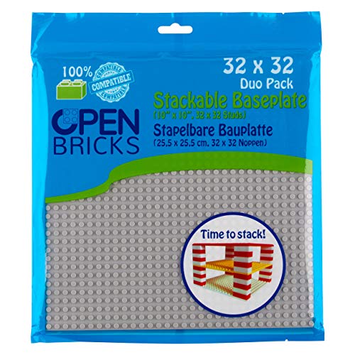 OPEN BRICKS Bauplatten, 32x32 (25,5 x 25,5 cm), Hellgrau/Light Grey, 2 Stück, Kompatibel mit Allen führenden Marken, Beidseitig bebaubar, grün, OB-P32GY2 von OPEN BRICKS