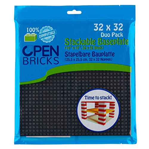 OPEN BRICKS Bauplatten, 32x32 (25,5 x 25,5 cm), Schwarz/Black, 2 Stück, Kompatibel mit Allen führenden Marken, Beidseitig bebaubar, OB-P32BK2, schwarz von OPEN BRICKS