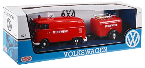 OPO 10 - Miniatur-Van im Maßstab 1/24 reproduziert, kompatibel für VW Combi Typ 2 T1 Deutsche Feuerwehr mit Anhänger - Motormax 79671 von OPO 10