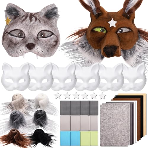 OPPKIE Therian Katzenmasken mit Filzfell, 6 Stück, Augenmasken und Sterne, Pelzmasken zum Malen, Tiermaske zum Basteln, Bastelset zum Verkleiden von Masken von OPPKIE