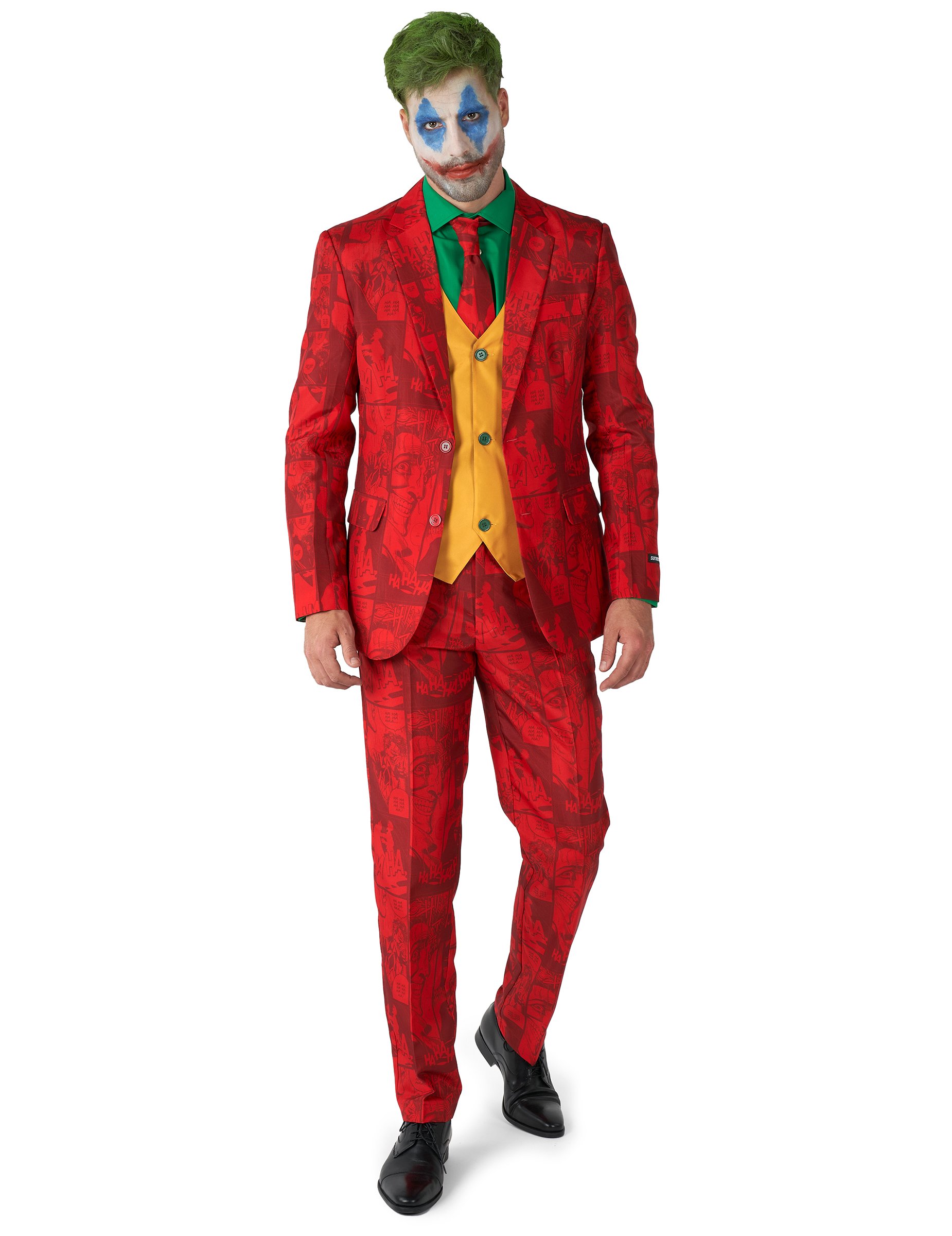 Elegantes Joker-Kostüm von Suitmeister für Erwachsene rot-grün-gelb von OPPOSUITS