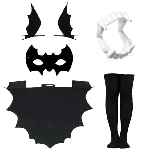 OPVXZAD Halloween Fledermaus Umhang, Kostüm Kinder, Flügel Kinder,Vampirzähne Gebiss, Fledermausflügel Haarspangen, Gothic Haarklammer, Kniestrümpfe Schwarz, Für Karneval (A-L) von OPVXZAD