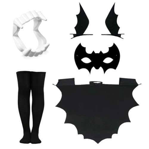 OPVXZAD Halloween Fledermaus Umhang, Kostüm Kinder, Flügel Kinder,Vampirzähne Gebiss, Fledermausflügel Haarspangen, Gothic Haarklammer, Kniestrümpfe Schwarz, Für Karneval (A-S) von OPVXZAD
