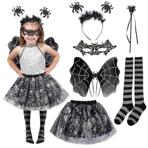 OPVXZAD Halloween Fledermaus Umhang, Kostüm Kinder, Flügel Kinder,Vampirzähne Gebiss, Fledermausflügel Haarspangen, Gothic Haarklammer, Kniestrümpfe Schwarz, Für Karneval (B-S) von OPVXZAD