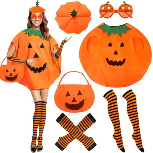 OPVXZAD Halloween Kürbis Kostüm, Kürbis Outfit Kinder Frauen Kostüme Kinder Fancy Kleid Strümpfe, lustig niedlich mit Pumpkin Hut, Brille, Tasche, Handschuhe in Pumpkin Colorway OPVXZAD Halloween Kürbis Kostüm, Kürbis Outfit Kinder Frauen Kostüme Kinder Fancy Kleid Strümpfe, lustig niedlich mit Pumpkin Hut, Brille, Tasche, Handschuhe in Pumpkin Colorway von OPVXZAD