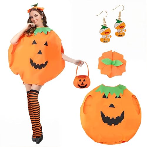 OPVXZAD Halloween Kürbis Kostüm Damen 6 Stück Niedliches Erwachsene Kürbis Kleidung Set mit Kleider Süßigkeiten Handtasche Mütze Ohrringe Socken für Halloween Karneval Cosplay OPVXZAD Halloween Kürbis Kostüm Damen 6 Stück Niedliches Erwachsene Kürbis Kleidung Set mit Kleider Süßigkeiten Handtasche Mütze Ohrringe Socken für Halloween Karneval Cosplay von OPVXZAD
