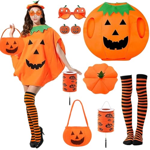 OPVXZAD Halloween-Kürbis-Kostüm Set Frauen Erwachsene, ausgefallenes Kürbis-Kostüm, inklusive Pumpkin-Hut, gestreiften Kniestrümpfen, Brille, Handtasche, ausziehbaren Pumpkin-Laternen und Ohrringen OPVXZAD Halloween-Kürbis-Kostüm Set Frauen Erwachsene, ausgefallenes Kürbis-Kostüm, inklusive Pumpkin-Hut, gestreiften Kniestrümpfen, Brille, Handtasche, ausziehbaren Pumpkin-Laternen und Ohrringen von OPVXZAD