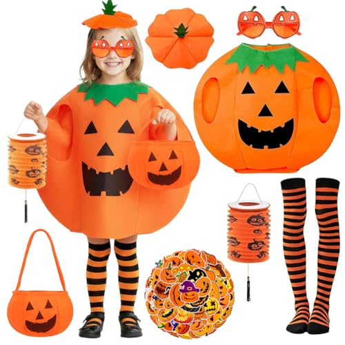 OPVXZAD Halloween-Kürbis-Kostüm-Set für Kinder – Cosplay-Kostüm mit Hut, orange-schwarz gestreiften Kniestrümpfen, Brille, Handtasche, ausziehbaren Kürbis-Laternen und Aufklebern von OPVXZAD
