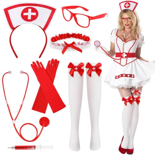 OPVXZAD Krankenschwester Kostüm Halloween Krankenschwester Kostüm Zubehör Roter Krankenschwester Hut Stirnband Brille Stethoskop Hohe Socke für Halloween Karneval Krankenschwester Cosplay Party von OPVXZAD