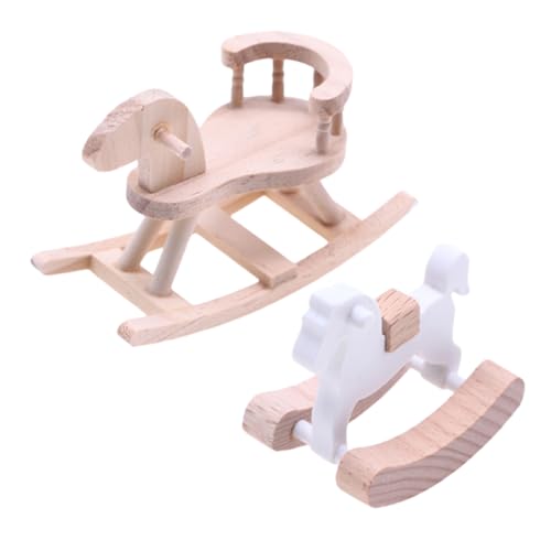 ORFOFE 2 Stück Teiliges Miniatur Holz Schaukelpferd Naturbelassen und Weiß Puppenhaus Möbel Zubehör Stabile Holzmöbeldekoration für Kinderzimmer Vielseitig für Weihnachts und von ORFOFE