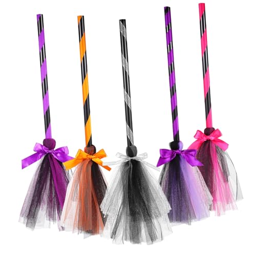 ORFOFE 5 Stück Teiliges Halloween Hexenbesen mit Schleife Leichte Dekorative Besen für Halloween Kostümzubehör und Handlich für Party-deko und Cosplay von ORFOFE