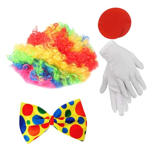 ORFOFE Clown Kostüm Teilig mit Bunter Lockenperücke Fliege Handschuhen und Falscher Nase für Halloween Karneval Fasching Bühnenauftritte und Kostümpartys von ORFOFE