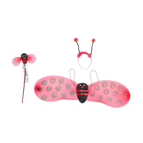 ORFOFE Mädchen Bienenkostüm Set mit Flügeln Zauberstab und Stirnband Bunte Bequeme Stoffe Verkleidung für Party Halloween Cosplay und Gartenfest Rote Farben Fairy Wings Dress Up Zubehör von ORFOFE