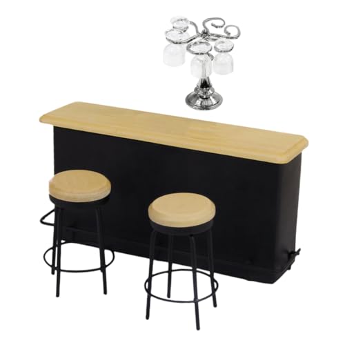 ORFOFE Mini Puppenhaus Bar Set mit Silbernem Becherhalter Quadratischen Gläsern und Hockern Detailgetreues Food Play Modell Miniatur Hauszubehör für Sammler von ORFOFE