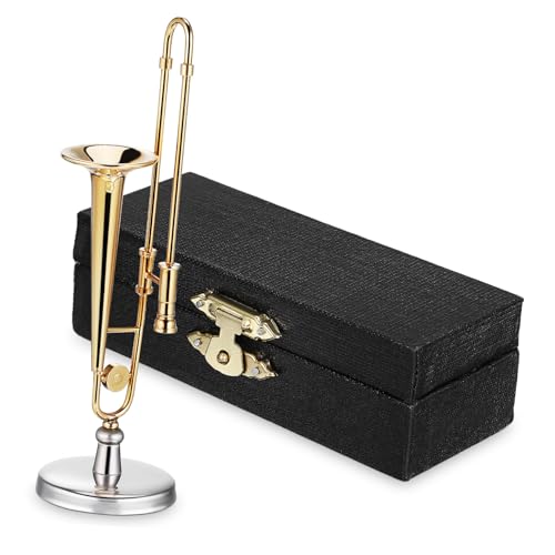 ORFOFE Miniatur-Posaune Kupfer Maßstab mit Ständer und Schwarzer Aufbewahrungsbox Vergoldetes Mini-Musikinstrument als Puppenhausdekoration und für Musikliebhaber von ORFOFE