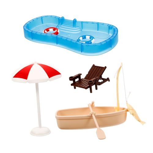 ORFOFE Miniatur Schwimmbad mit Mini Boot und Strand Liegestuhl Puppenhaus Deko Glatte Oberfläche Verschleißfestes Material Detailgetreue Miniaturmöbel für Puppenhaus und Fotorequisiten von ORFOFE
