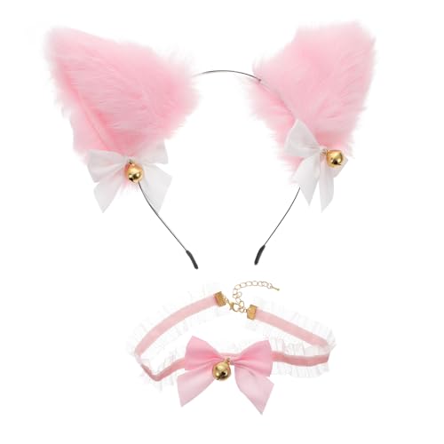 ORFOFE Plüsch Katzenohren Stirnband mit Spitze und Schleife Sanft und Bequem Cosplay Lolita Ohr Kopfschmuck für Mädchen und Frauen Inklusive Passendem Glocken für Kostüm von ORFOFE