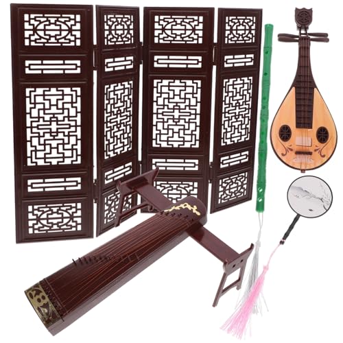 ORFOFE Puppenhaus Dekoratives Miniatur Chinesisches Klassisches Musikinstrument Modell Ornament mit Doppelfaltbildschirm Pipa Guzheng Flöte und Fächer für Miniaturzimmer von ORFOFE