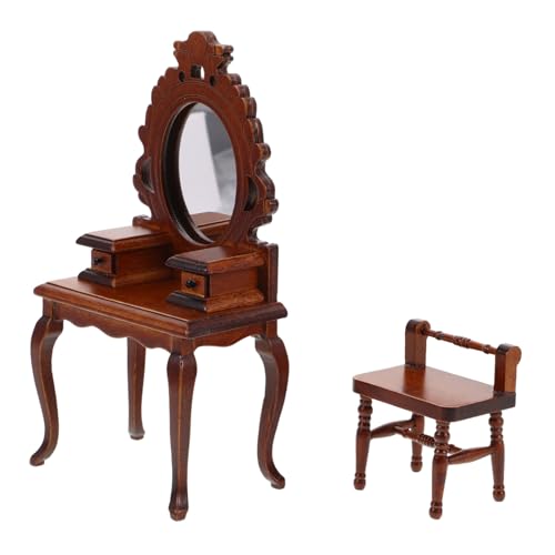 ORFOFE Puppenhaus Schminktisch Vintage Holz Miniatur Möbel mit Spiegel und Hocker Eleganter Retro Stil für Puppenhaus Schlafzimmer Kreatives Rollenspiel Dekoration ORFOFE Puppenhaus Schminktisch Vintage Holz Miniatur Möbel mit Spiegel und Hocker Eleganter Retro Stil für Puppenhaus Schlafzimmer Kreatives Rollenspiel Dekoration von ORFOFE