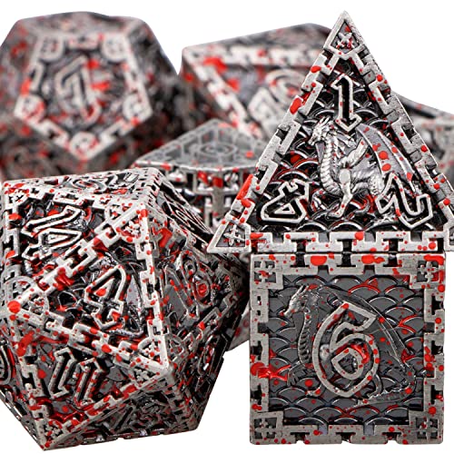 ORIFANTOU DND-Metallwürfel-Set mit Blutdrache, antikes Silber, D&D-Würfel, 7-teilig, polyedrische Würfel, Rollenspiel, Dungeons and Dragons, Rollenspiel, Cooles D- und D-Würfel-Set von ORIFANTOU