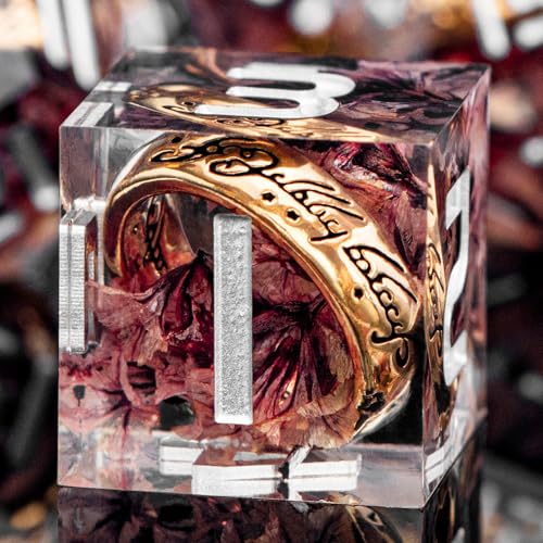 ORIFANTOU DND-Würfelspiel aus Kunstharz mit goldenem Ring mit scharfen Kanten, rosa Blume mit Box, zur Verwendung mit Dungeons und Drachen, D&D RPG, Lord D und D Polyedrisch von ORIFANTOU