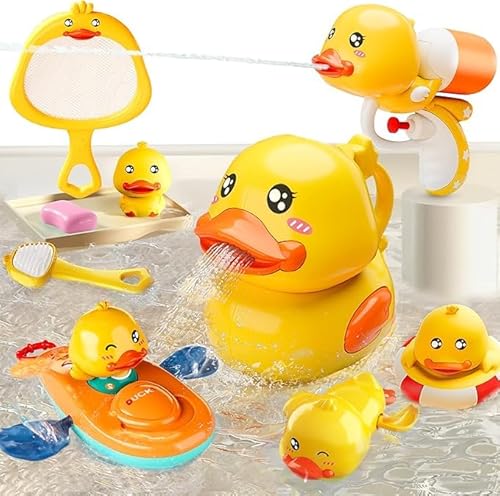 Badespielzeug-Set für Kinder, 7-teilig, Gelbe Enten mit Wassersprüher, Spiegel und Boot Badespielzeug-Set für Kinder, 7-teilig, Gelbe Enten mit Wassersprüher, Spiegel und Boot von ORORTU