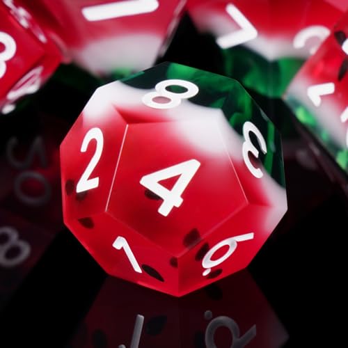 ORUZA 7 Stücke Polyedrische DND Würfel Set Scharfe Kante D&D Wassermelone Würfel D4 D6 D8 D10 D% D12 D20 Harz DND Würfel Set für Dungeons und Dragons TTRPG MTG Rollenspiele Tischspiele Würfel von ORUZA
