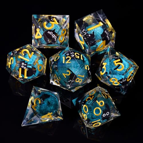 ORUZA 7 Stück Polyedrische Liquid Core Würfel Set, DND Katze Treibsand Würfel D4 D6 D8 D10 D12 D20 D% für Dungeons and Dragons RPG MTG Pathfinder Rollenspiele Spielwürfel von ORUZA