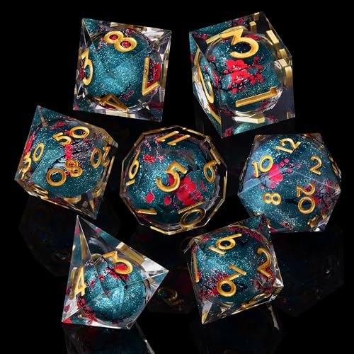 ORUZA 7 Stück Polyedrische Würfel Set, DND Liquid Core Würfel D4 D6 D8 D10 D12 D20 D% Rosen Treibsand Spielwürfel für Dungeons and Dragons RPG MTG Pathfinder Rollenspiele von ORUZA