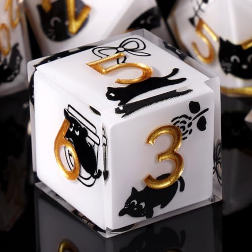 ORUZA Polyedrische Harz Würfel Set, 7 Stück DND Katze Würfel, Harz Scharfe Kante Spielwürfel für Dungeons and Dragons RPG MTG Pathfinder Rollenspiel von ORUZA