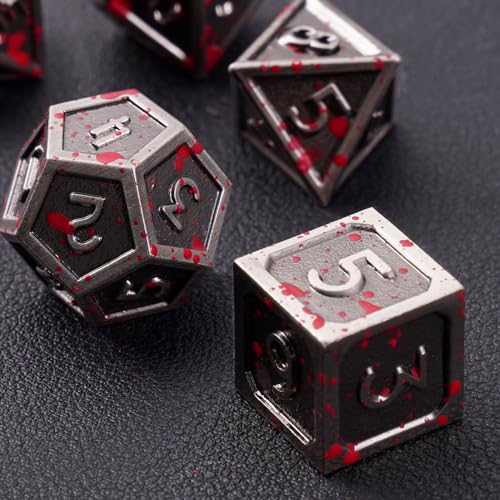 ORUZA Metal DND Würfel Set 7 Stück Blutverschmiert Polyedrische D&D Würfel D4 D6 D8 D10 D12 D20 D% Metall Spielwürfel für Dungeons und Dragons MTG RPG TTRPG Tischspiele Würfel von ORUZA
