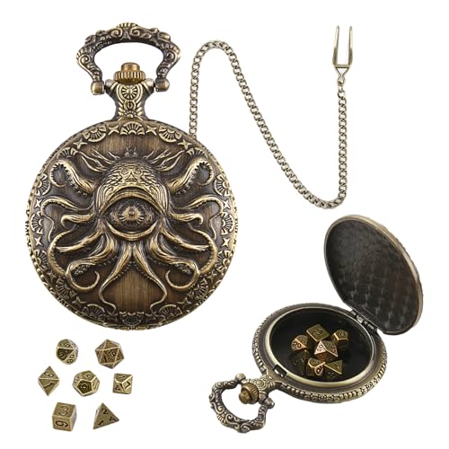 ORUZA Mini DND Würfel Set, 7 Stück Polyedrische D&D Würfel mit Einäugiger Oktopus Metall Taschenuhrgehäuse Dungeons and Dragons RPG MTG Rollenspiele Tischspiele Würfel von ORUZA