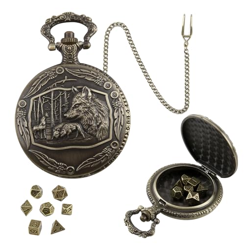 ORUZA Mini DND Würfel Set, 7 Stück Polyedrische D&D Würfel mit Steampunk Wolf Taschenuhrgehäuse Dungeons and Dragons RPG MTG Rollenspiele Tischspiele Würfel von ORUZA