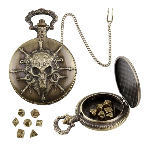 ORUZA Mini DND Würfel Set, 7 Stück Polyedrische D&D Würfel mit Skelett Metall Taschenuhrgehäuse Dungeons and Dragons RPG MTG Rollenspiele Tischspiele Würfel von ORUZA