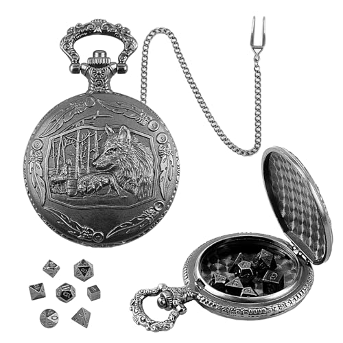 ORUZA Mini DND Würfel Set, 7 Stück Polyedrische D&D Würfel mit Steampunk Wolf Taschenuhrgehäuse für Dungeons and Dragons RPG MTG Rollenspiele Tischspiele von ORUZA