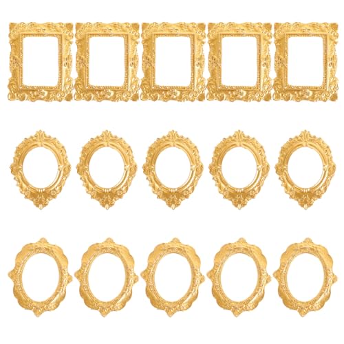 OSALADI 15er Set Mini Bilderrahmen aus Harz, Goldfarben, DIY Basteln, Puppenhaus Dekoration, 3 Designs, 4x3x0,3cm von OSALADI