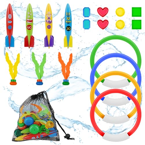 OSDUE Tauchringe für Kinder, Tauchen Spielzeug Unterwasser für Kinder,Tauchringe, Stöcke, Algenspielzeug, Tauchtorpedo zum Schwimmen, Poolparty Geschenk für Kinder Jungen Mädchen mit 1*Tasche von OSDUE