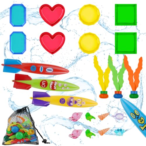 OSDUE 23 Stück Tauchringe für Kinder, Tauchen Spielzeug Unterwasser für Kinder,Tauchringe, Stöcke, Algenspielzeug, Tauchtorpedo zum Schwimmen, Poolparty Geschenk für Kinder Jungen Mädchen mit 1*Tasche von OSDUE