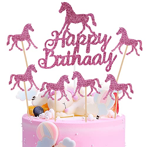 OSDUE 25 Stück Rosa Pony Tortendeko Geburtstag Mädchen, Glitzer Pony Torten Deko, Tiere Theme Kuchendekoration, für Mädchen Party Geburtstag Party Kuchen Dekoration Supplies von OSDUE