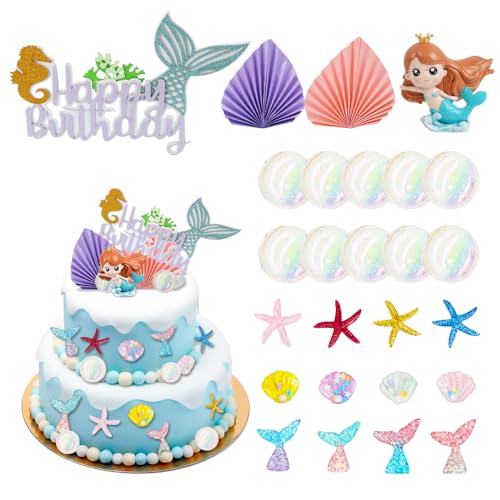 OSDUE 26 STK Kuchendekoration Meerjungfrau, Meerjungfrau Cake Topper, Tortendeko Mädchen Meerjungfrau, Glitzer Meerjungfrau Torten Deko, Ocean Theme Kuchendekoration, für Babyparty, Geburtstagszubehör von OSDUE