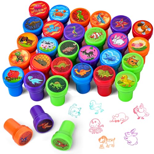 OSDUE 30 Stück Stempel Kinder, Kinder Briefmarken, Stempelset Tiere, Selbstfärbend für Kinder, Niedliche Spielzeugstempel aus Plastik für Weihnachten, Spiel, Spaß, Hobby und mehr von OSDUE