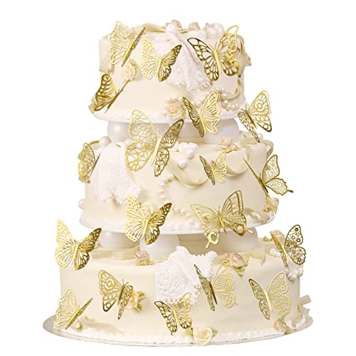 OSDUE 48 Stück Schmetterlinge Tortendeko, Schmetterling Geburtstagstorte Topper Dekoration, Schmetterling Kuchen Topper, Cupcake Dekoration für Hochzeit, Geburtstag, Baby-Dusche, Partybedarf (Gold) von OSDUE