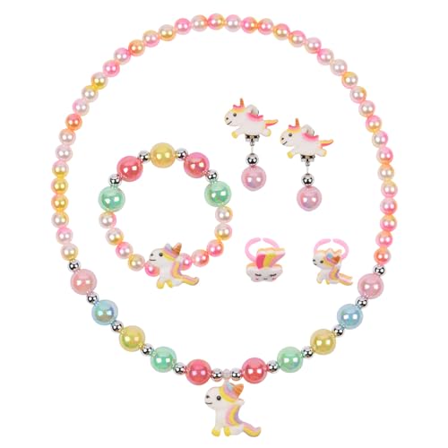 OSDUE 6 Stück Einhorn Schmuckset Mädchen, Einhorn Kinderschmuck Enthalten Halskette, Ringe, Armbänder, Ohrring, Einhorn Kinderschmuck Set für Party Dress Up Geschenk von OSDUE