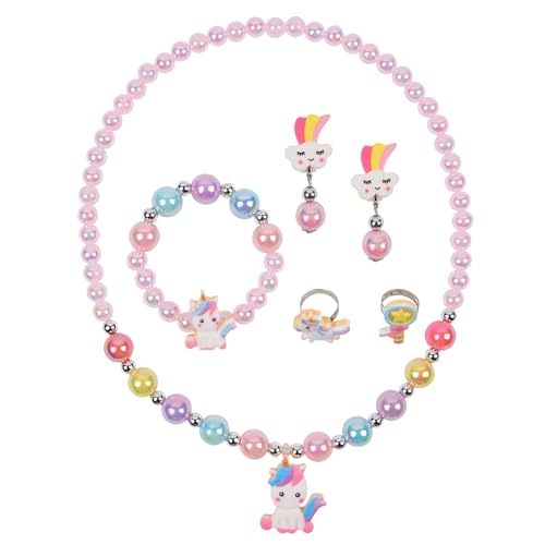 OSDUE 6 Stück Einhorn Schmuckset Mädchen, Einhorn Kinderschmuck Enthalten Halskette, Ringe, Armbänder, Ohrring, Einhorn Kinderschmuck Set für Party Dress Up Geschenk von OSDUE