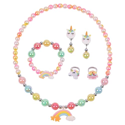 OSDUE 6 Stück Regenbogen Schmuckset Mädchen, Regenbogen Kinderschmuck Enthalten Halskette, Ringe, Armbänder, Ohrring, Regenbogen Kinderschmuck Set für Party Dress Up Geschenk von OSDUE