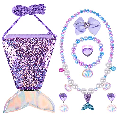 OSDUE 7 Pcs Meerjungfrau Kinder Schmuckset Mädchen, Kinderschmuck mit Pailletten Geldbörse Meerjungfrau, Halsketten, Ohrringe, Armbänder, Ringe, Haarspange, Geschenke für Mädchen OSDUE 7 Pcs Meerjungfrau Kinder Schmuckset Mädchen, Kinderschmuck mit Pailletten Geldbörse Meerjungfrau, Halsketten, Ohrringe, Armbänder, Ringe, Haarspange, Geschenke für Mädchen von OSDUE