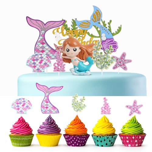 OSDUE 8 STK Kuchendekoration Meerjungfrau, Meerjungfrau Cake Topper, Tortendeko Mädchen Meerjungfrau, Glitzer Meerjungfrau Torten Deko, Ocean Theme Kuchendekoration, für Babyparty, Geburtstagszubehör von OSDUE