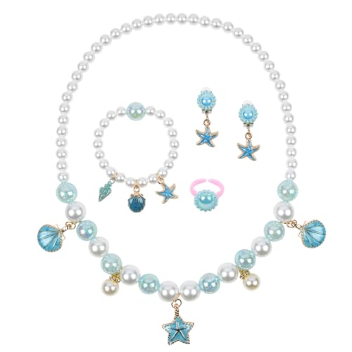 OSDUE Blau Muschel Schmuckset Mädchen, Blau Kristallschmuck， Rosa Muschel Kinderschmuck Enthalten Halskette, Ringe, Armbänder, Ohrring, Rosa Muschel Kinderschmuck Set für Party Dress Up Geschenk von OSDUE