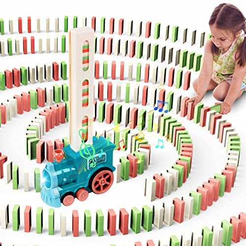 OSDUE Domino Zug Spielzeug, 100 Stück Domino Baustein Zug Set, Kinder Domino Spielzeug, Elektrischer Zug mit Licht und Ton, Pädagogisches Spielzeug Geschenk für Mädchen Jungen ab 3 Jahren (Blau) von OSDUE