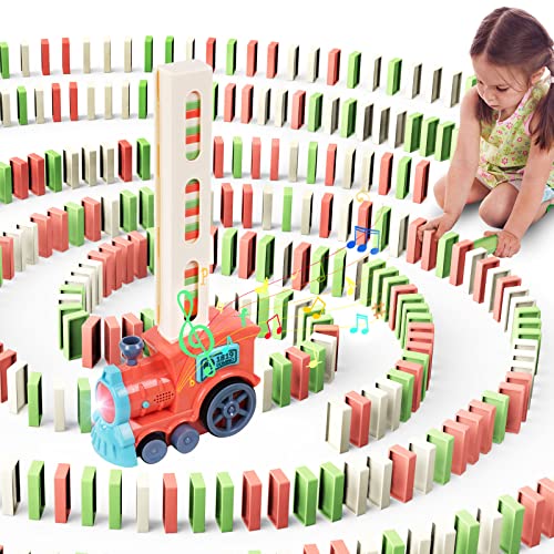 OSDUE Domino Zug Spielzeug, 100 Stück Domino Baustein Zug Set, Kinder Domino Spielzeug, Elektrischer Zug mit Licht und Ton, Pädagogisches Spielzeug Geschenk für Mädchen Jungen ab 3 Jahren (Rosa) von OSDUE